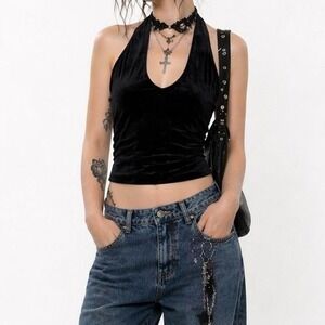 Black Velvet Halter Top Y2K Minimal Going Out Soft Goth
